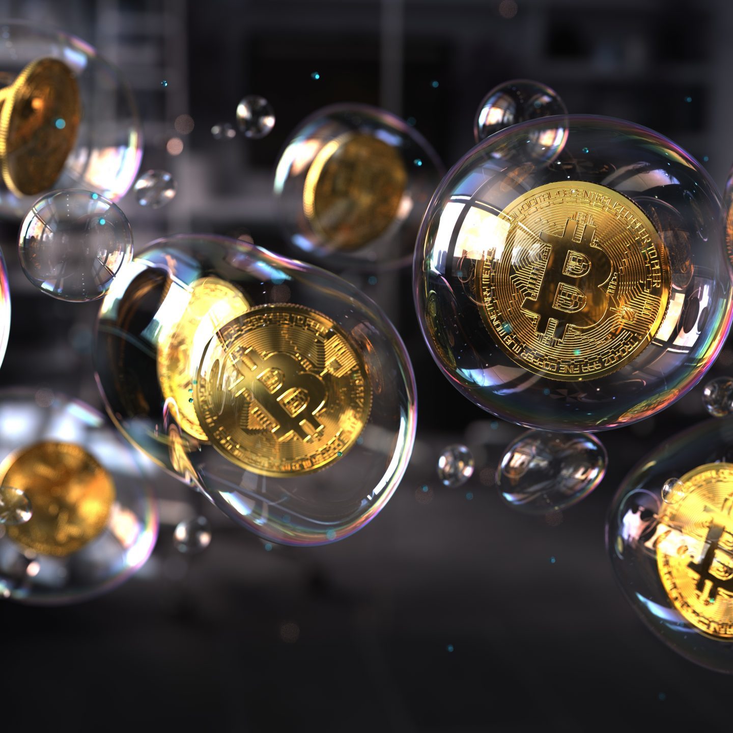 Bitcoins in the soap bubbles. 3d illustration.